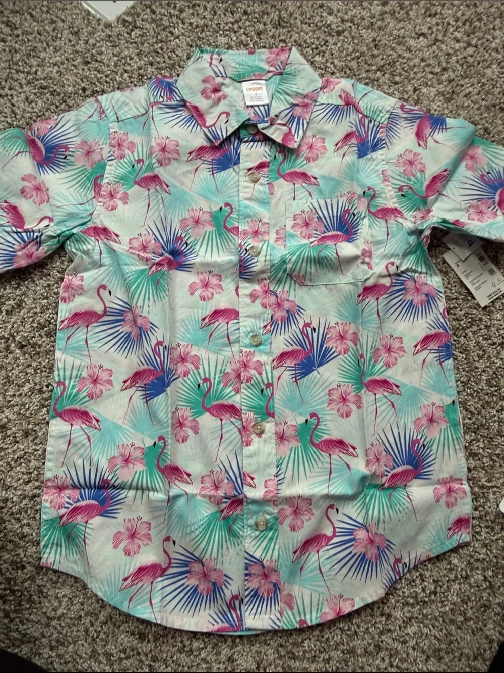 NWT Gymboree Mint Green Button-Up Shirt with Pink Flamingos size 8